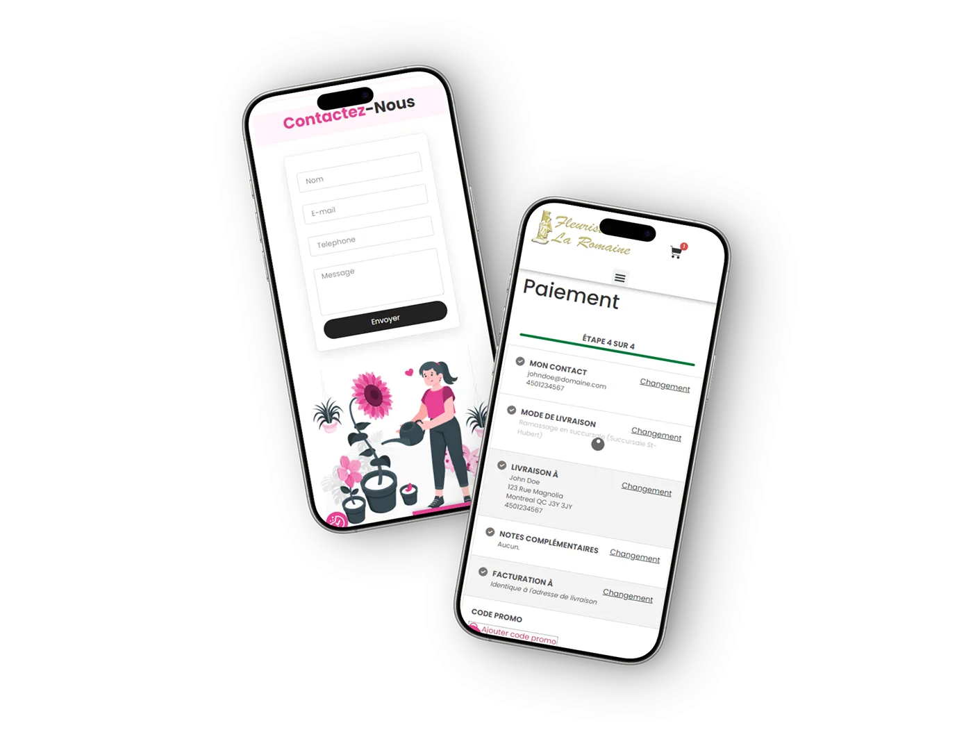 Interface mobile du panier d'achat et page contact