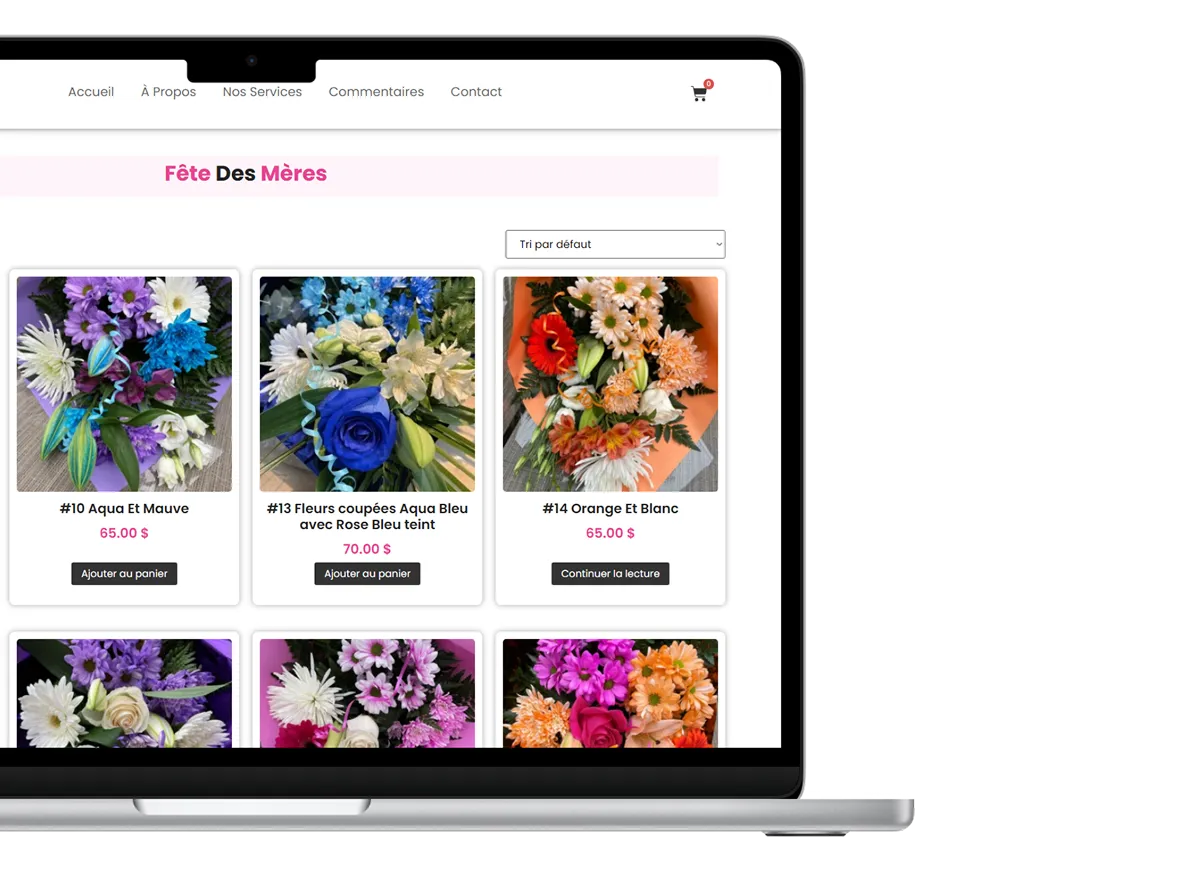 Vue sur ordinateur de la boutique en ligne avec sélection de bouquets
