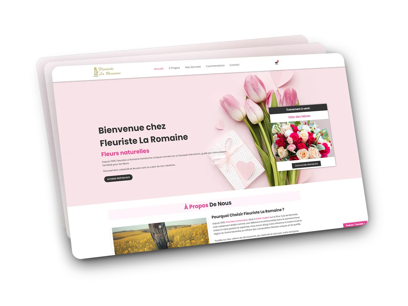 Aperçu sur tablette de la page d'accueil du site Fleuriste La Romaine